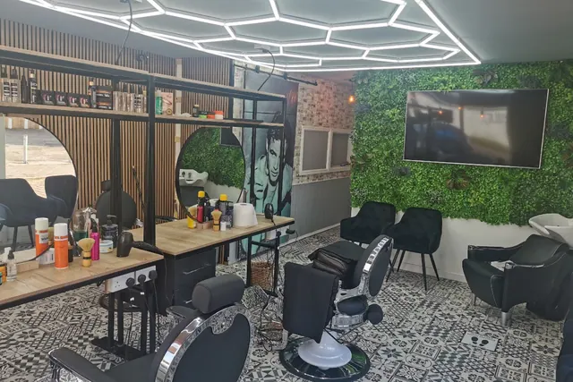Inside Urban Cuts: the chairs, mirrors and living wall under the hex lights